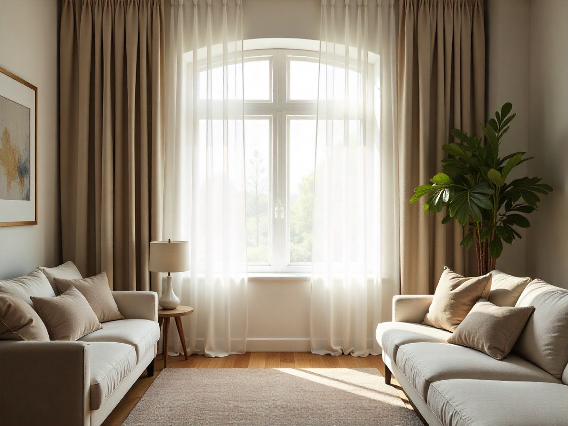 Professional curtain installation in a modern living room
